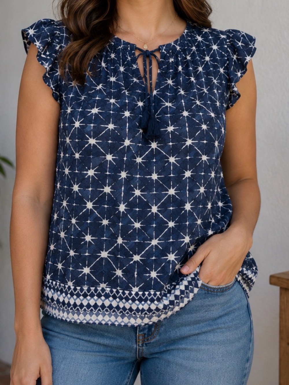 Time and Tru Navy and White Starprint Tie-Front Ruffle Sleeve Top